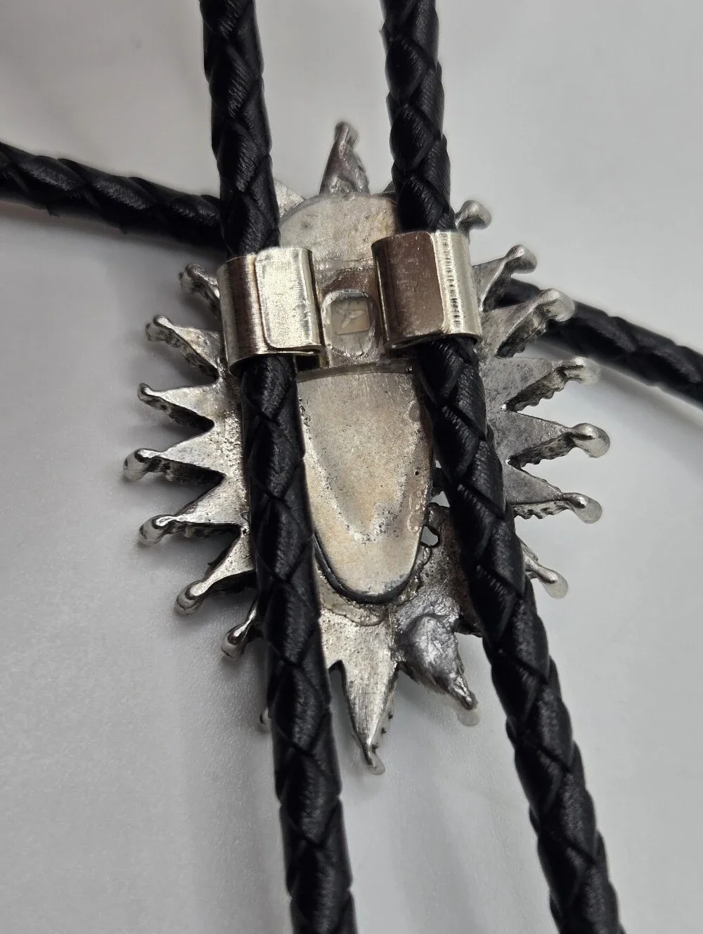 Silver Faux Turquoise Western Bolo Tie Leather Braid Rockstar 70s Aesthetic